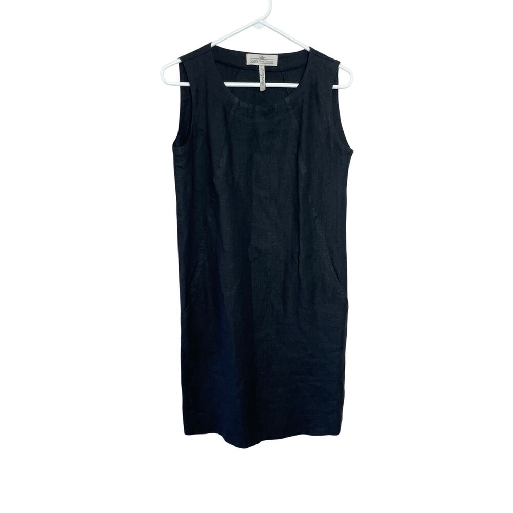 100% Linen Crown Linen Designs Black Dress w/ Pockets Size Small LBD Chic